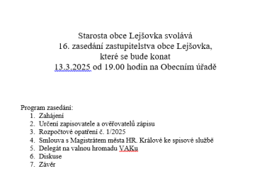 16. zasedání zastupitelstva