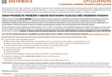 Výzva ČEZU k ořezu větví, zasahujích do elektrického vedení